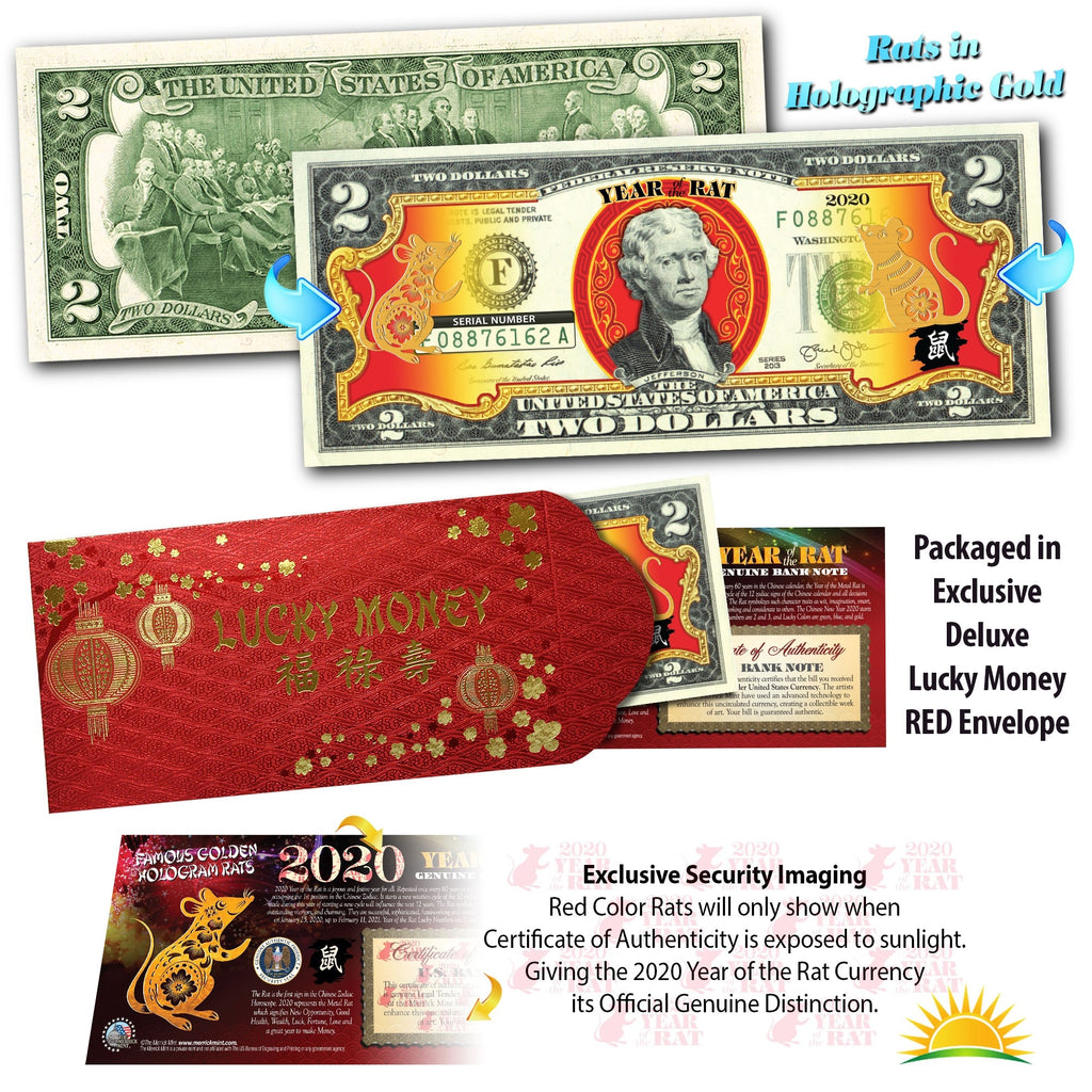 2020 Chinese New Year - YEAR OF THE RAT - Gold Hologram Legal Tender U.S. $2 BILL - $2 Lucky Money with Red Envelope