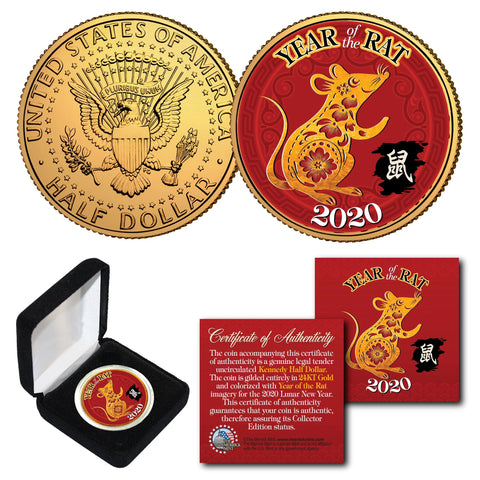 2020 Chinese New Year * YEAR OF THE RAT * 24K Gold Plated JFK Kennedy Half Dollar Coin with DELUXE BOX - PolyChrome