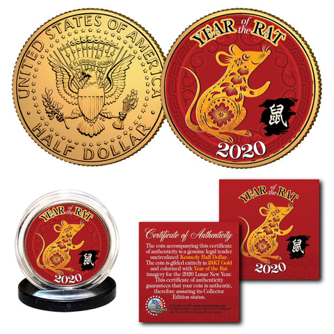 2020 Chinese New Year * YEAR OF THE RAT * 24 Karat Gold Plated $50 American Gold Buffalo Indian Tribute Coin - PolyChrome
