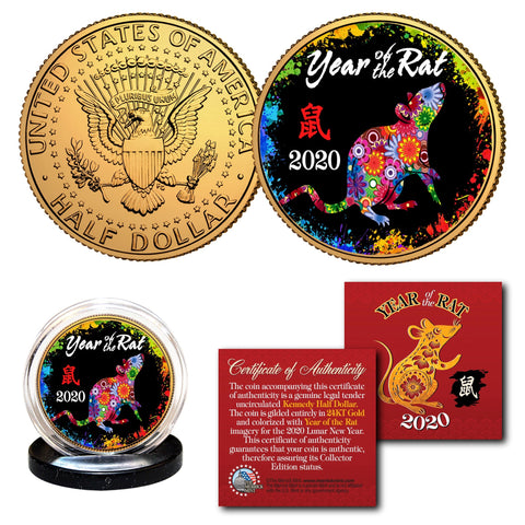 2020 Chinese New Year * YEAR OF THE RAT * 24K Gold Plated 1 OZ AMERICAN SILVER EAGLE Coin with DELUXE BOX