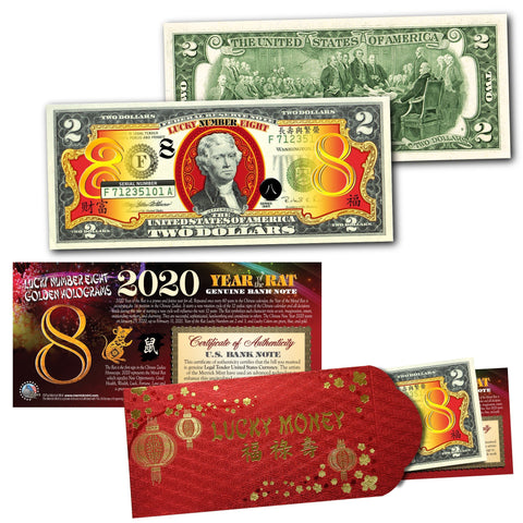 2020 YEAR OF THE RAT $2 Chinese New Year Lucky Money - 8 GOLD HOLOGRAM RAT’s in BLUE FOLIO DISPLAY