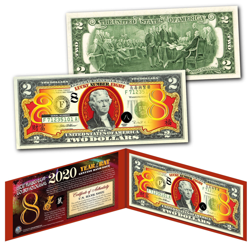 2020 Chinese New Year - YEAR OF THE RAT - LUCKY NUMBER 8 Gold Hologram Legal Tender U.S. $2 BILL - $2 Lucky Money with Red Folio