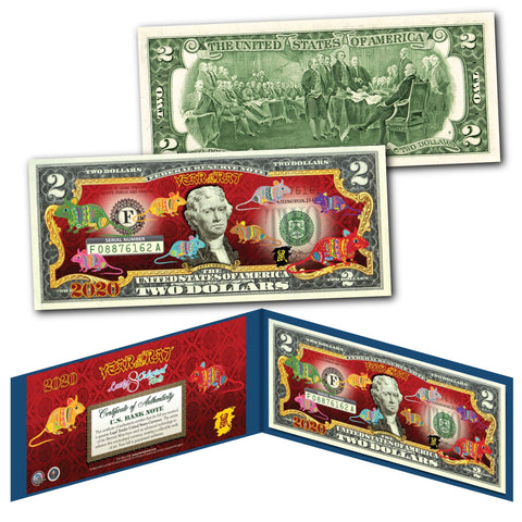 2020 Chinese New Year - YEAR OF THE RAT - Gold Hologram Legal Tender U.S. $2 BILL - $2 Lucky Money with Red Envelope