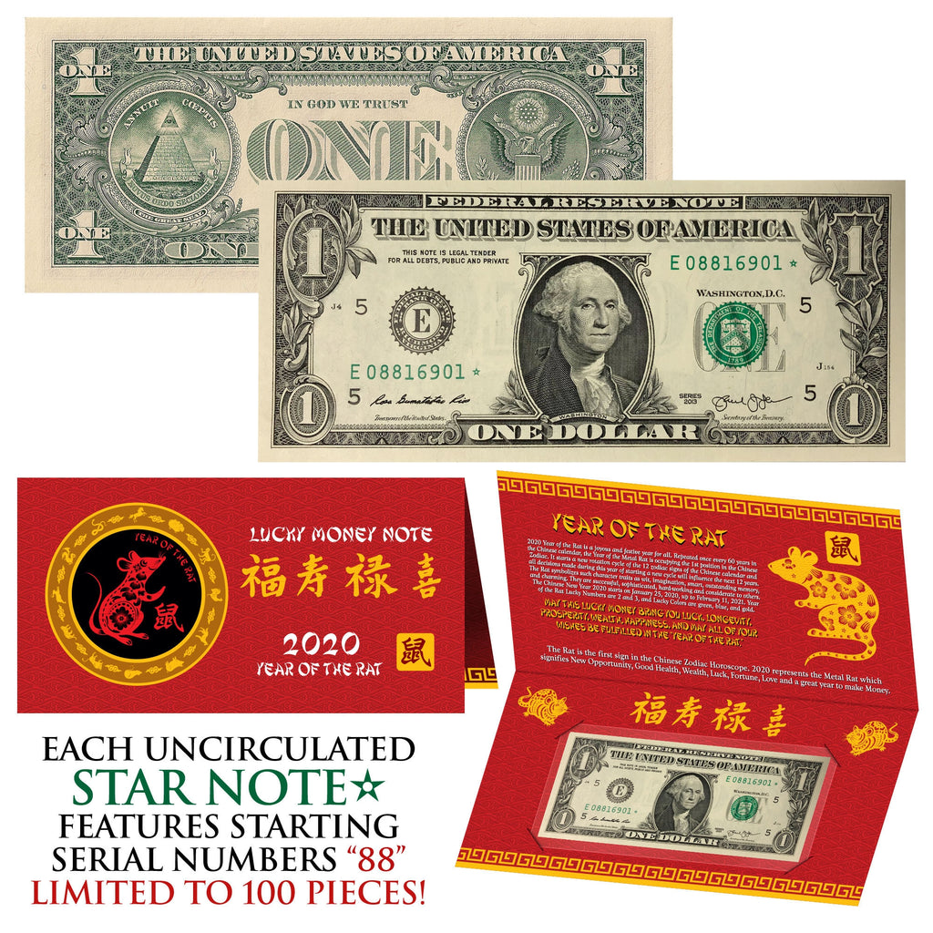 STAR NOTE 2020 CNY Year of the RAT Lucky Money U.S. $1 Bill w/ Red Folder S/N 88