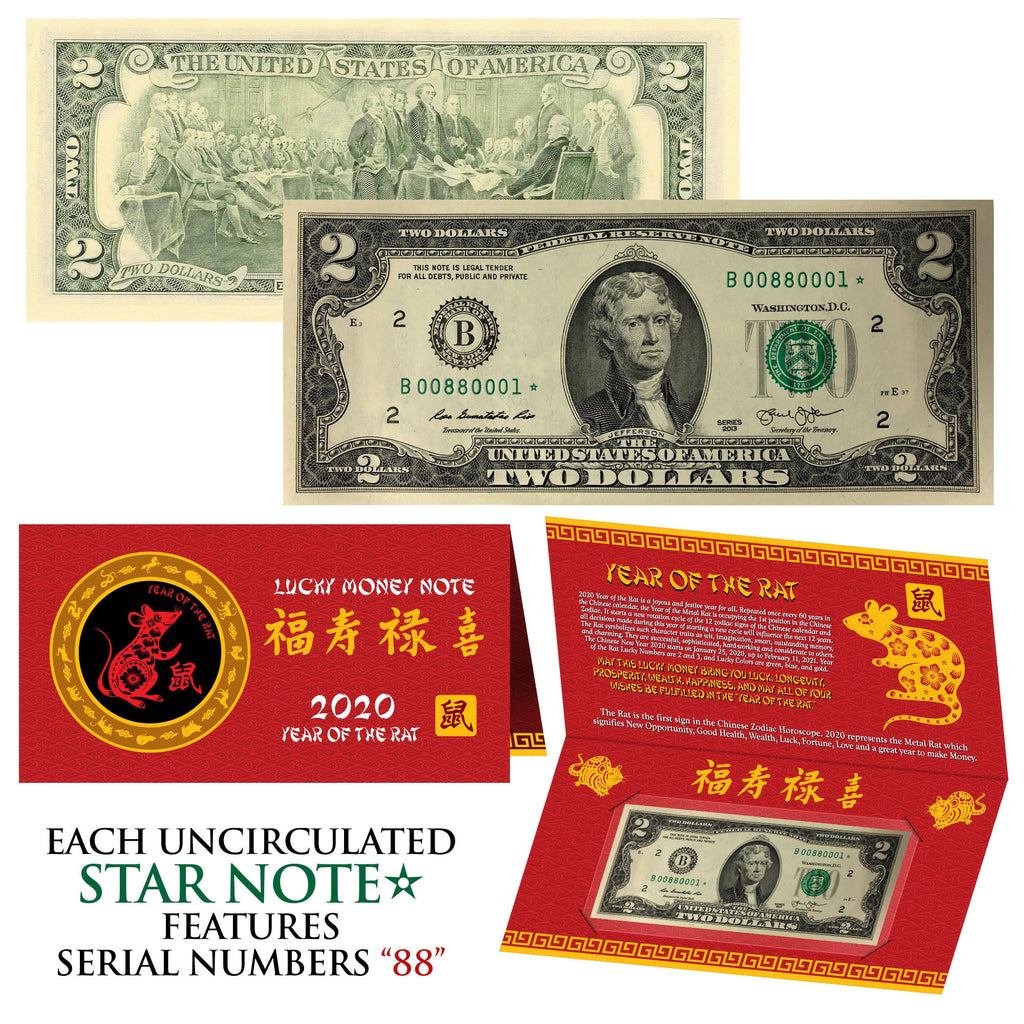 STAR NOTE 2020 CNY Year of the RAT Lucky Money U.S. $2 Bill w/ Red Folder S/N 88