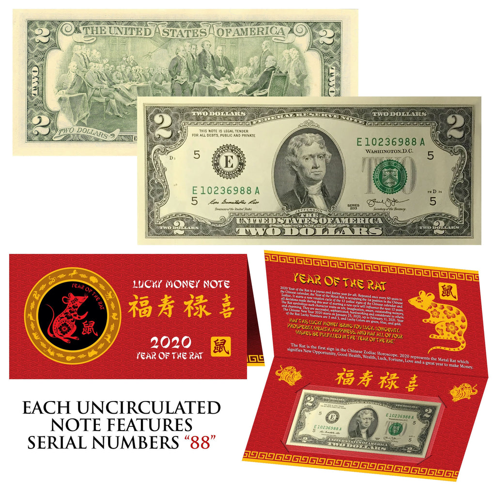 2020 CNY Chinese YEAR of the RAT Lucky Money S/N 88 U.S. $2 Bill w/ Red Folder