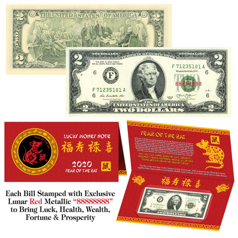 2020 CNY Chinese YEAR of the RAT Lucky Money S/N 88 U.S. $2 Bill w/ Red Folder