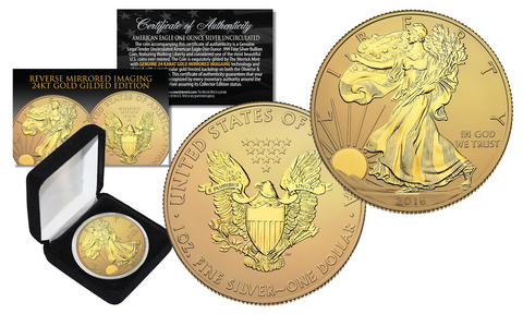 Dual 24K GOLD GILDED & COLORIZED 2-Sided 1 Troy Oz. 2016 Silver Eagle U.S. Coin with Deluxe Felt Display Box