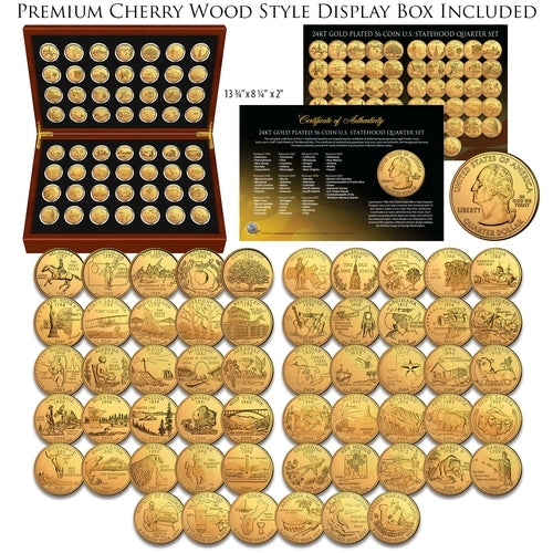 1999-2009 Complete 24K GOLD Plated Statehood Quarter 56-Coin Set in Premium Cherry Wood Display Box with COA