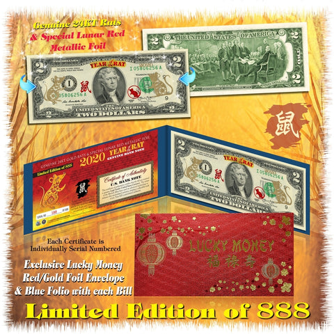 2020 YEAR OF THE RAT $2 Chinese New Year Lucky Money - 8 GOLD HOLOGRAM RAT’s in BLUE FOLIO DISPLAY