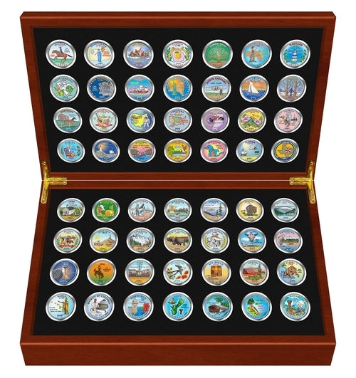 1999-2009 Complete COLORIZED Statehood Quarter 56-Coin Set in Premium Cherry Wood Display Box with COA