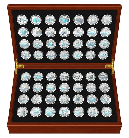 1999-2009 Complete HOLOGRAM Statehood Quarter 56-Coin Set in Premium Cherry Wood Display Box with COA