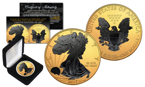 Dual 24K GOLD GILDED & COLORIZED 2-Sided 1 Troy Oz. 2017 Silver Eagle U.S. Coin with Deluxe Felt Display Box