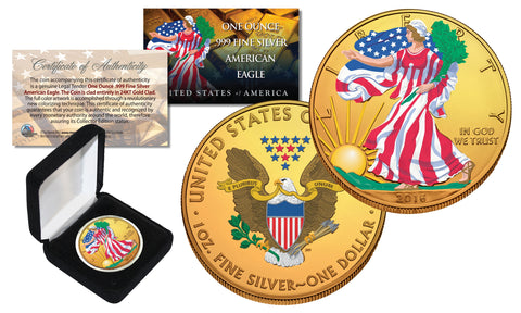 Dual 24K GOLD GILDED & COLORIZED 2-Sided 1 Troy Oz. 2019 Silver Eagle U.S. Coin with Deluxe Felt Display Box