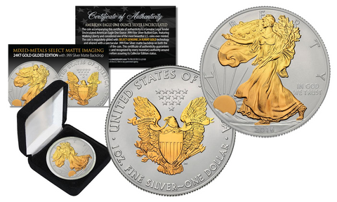 2020 Silver Eagle Uncirculated 1 oz Ounce U.S. Coin * Mixed-Metals Select Mirror Finish * .999 FINE SILVER GILDED with 24K Gold Backdrop (with BOX)