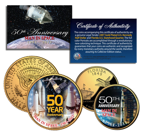 APOLLO 1 SPACE MISSION Colorized 2-Coin Set U.S. Florida Quarter & JFK Half Dollar - NASA ASTRONAUTS