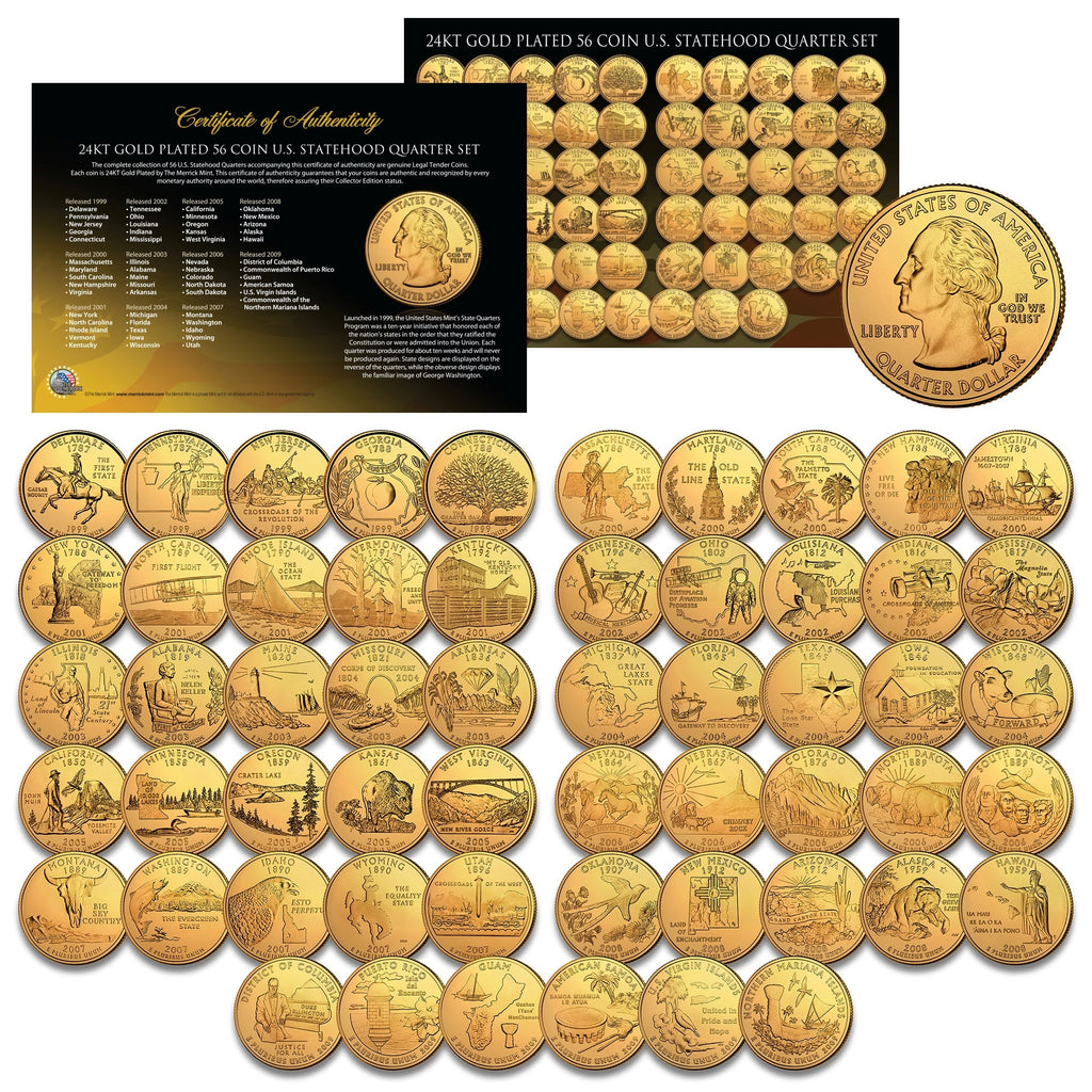 COMPLETE SET of ALL 56 Statehood State U.S. Quarters Coins (1999 to 2009) * 24K GOLD PLATED * $149