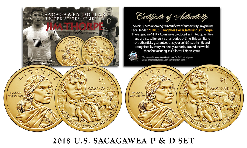 2018 U.S. Mint P & D Native American Sacagawea JIM THORPE $1 Dollar Coin Set