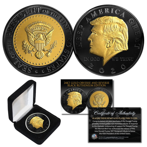 Donald Trump 2020 Keep America Great 45th President Official BLACK RUTHENIUM & 24K GOLD Clad Tribute Coin with Certificate, Coin Capsule and Display Stand