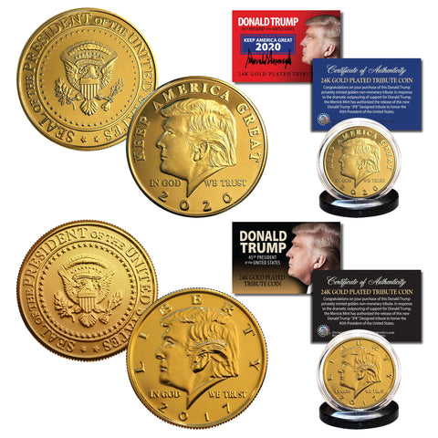 Donald Trump 2020 Keep America Great 45th President Official 24K Gold Clad Tribute Coin with Certificate, Coin Capsule and Display Stand (Lot of 10)