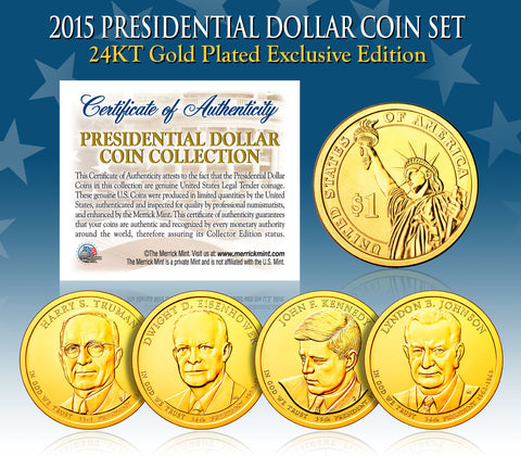 2013 Presidential $1 Dollar U.S. 24K GOLD PLATED - Complete 4-Coin Set - with Capsules