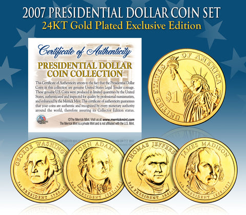 2014 Presidential $1 Dollar U.S. 24K GOLD PLATED - Complete 4-Coin Set - with Capsules