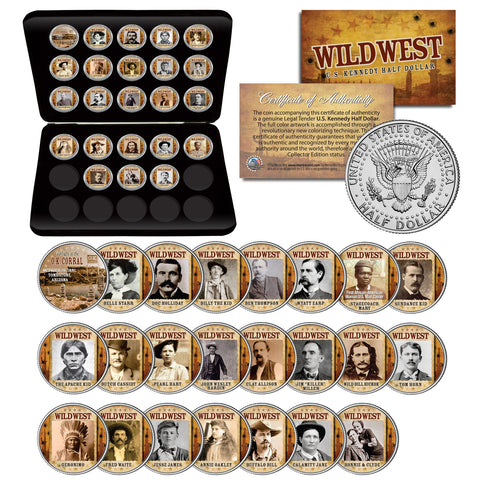 WILD WEST - OLD WEST OUTLAWS - Complete Set of 23 U.S. JFK Kennedy Half Dollar Colorized Coins