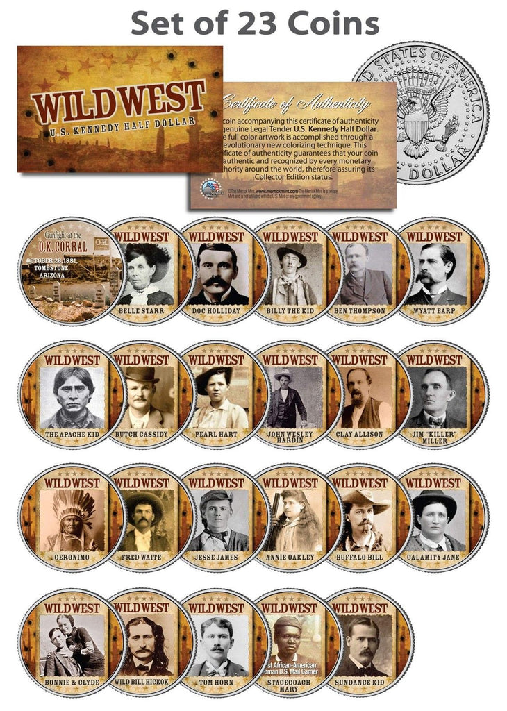 WILD WEST - OLD WEST OUTLAWS - Complete Set of 23 U.S. JFK Kennedy Half Dollar Colorized Coins