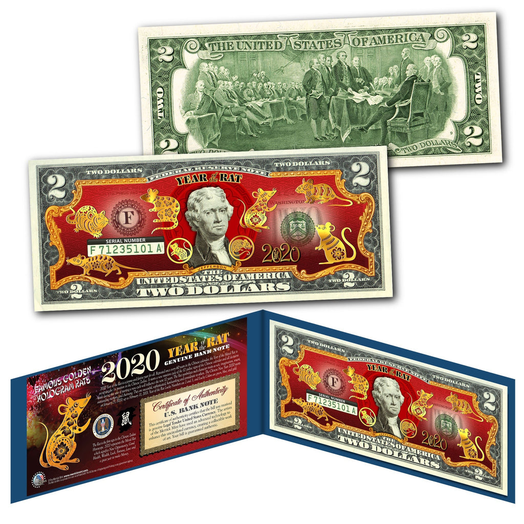 2020 YEAR OF THE RAT $2 Chinese New Year Lucky Money - 8 GOLD HOLOGRAM RAT’s in BLUE FOLIO DISPLAY