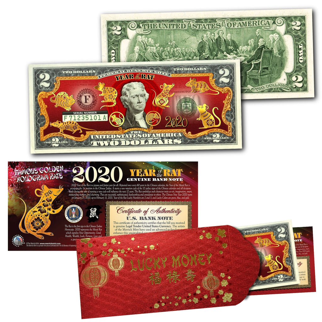 2020 YEAR OF THE RAT $2 Chinese New Year Lucky Money - 8 GOLD HOLOGRAM RAT’s in Premium RED ENVELOPE