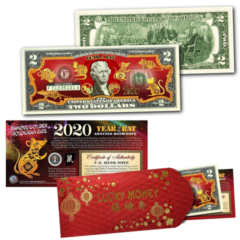 2020 Chinese New Year - YEAR OF THE RAT - LUCKY NUMBER 8 Gold Hologram Legal Tender U.S. $2 BILL - $2 Lucky Money with Red Folio