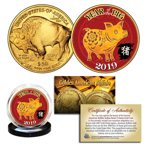 2019 Chinese New Year * YEAR OF THE PIG * 24 Karat Gold Plated $50 American Gold Buffalo Indian Tribute Coin with DELUXE BOX
