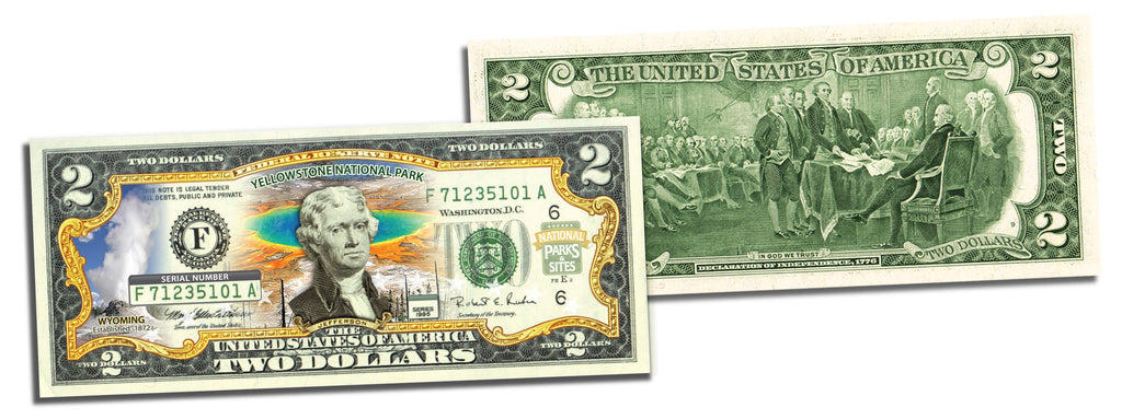 YELLOWSTONE NATIONAL PARK Colorized $2 Bill - Genuine Legal Tender