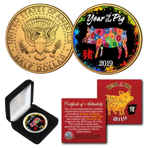 2019 Chinese New Year * YEAR OF THE PIG * 24K Gold Plated 1 OZ AMERICAN SILVER EAGLE Coin with DELUXE BOX - PolyChrome