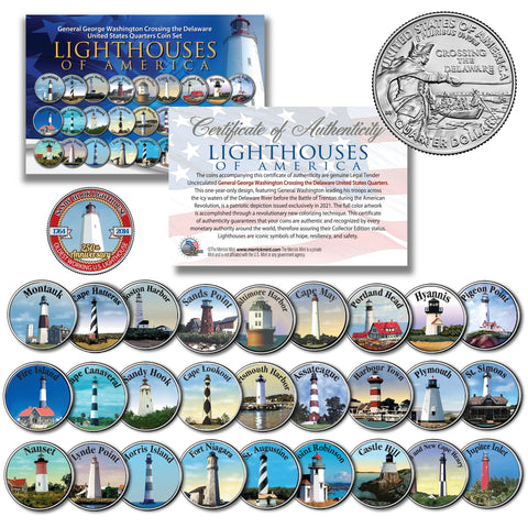 Historic American - LIGHTHOUSES - Colorized US Washington Crossing the Delaware Quarters 28-Coin Complete Set with Museum Display Box