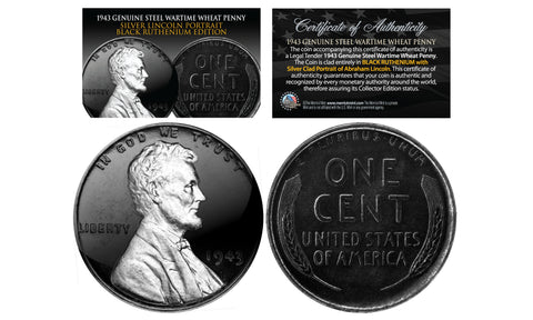 24K GOLD Clad 1943 Genuine Steel Wartime Wheat Penny U.S. Coin with BLACK RUTHENIUM Lincoln Portrait