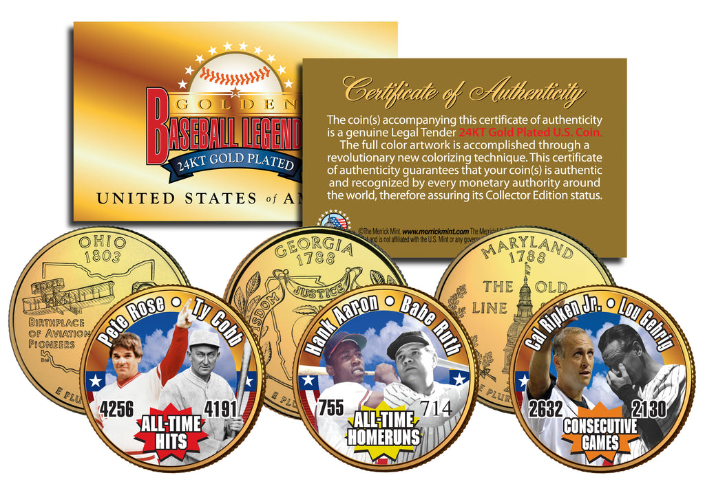 Baseball Legend BABE RUTH Statehood Quarters US Colorized 3-Coin