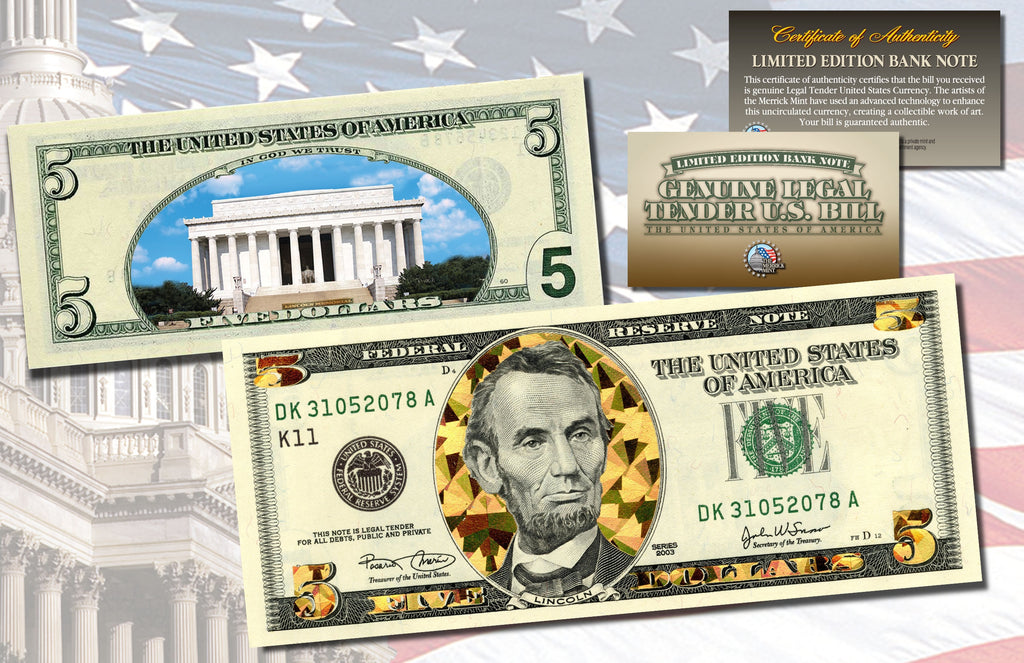 Colorized Lincoln Memorial $5 Federal Reserve Note