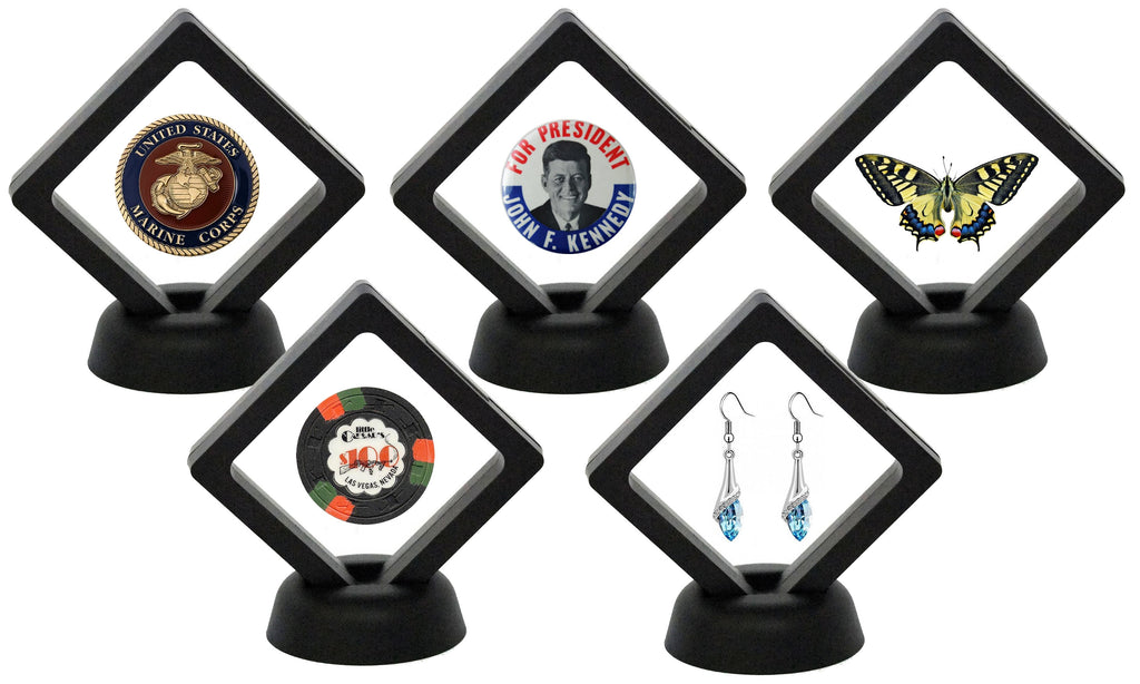 3D Floating 2-Sided View-Thru Coin Display Frame Holder Box Case with Stand ( For Challenge Coins / Coins / Medallions / Jewelry / Stamps) - Black 2x2 Case - Set of 2