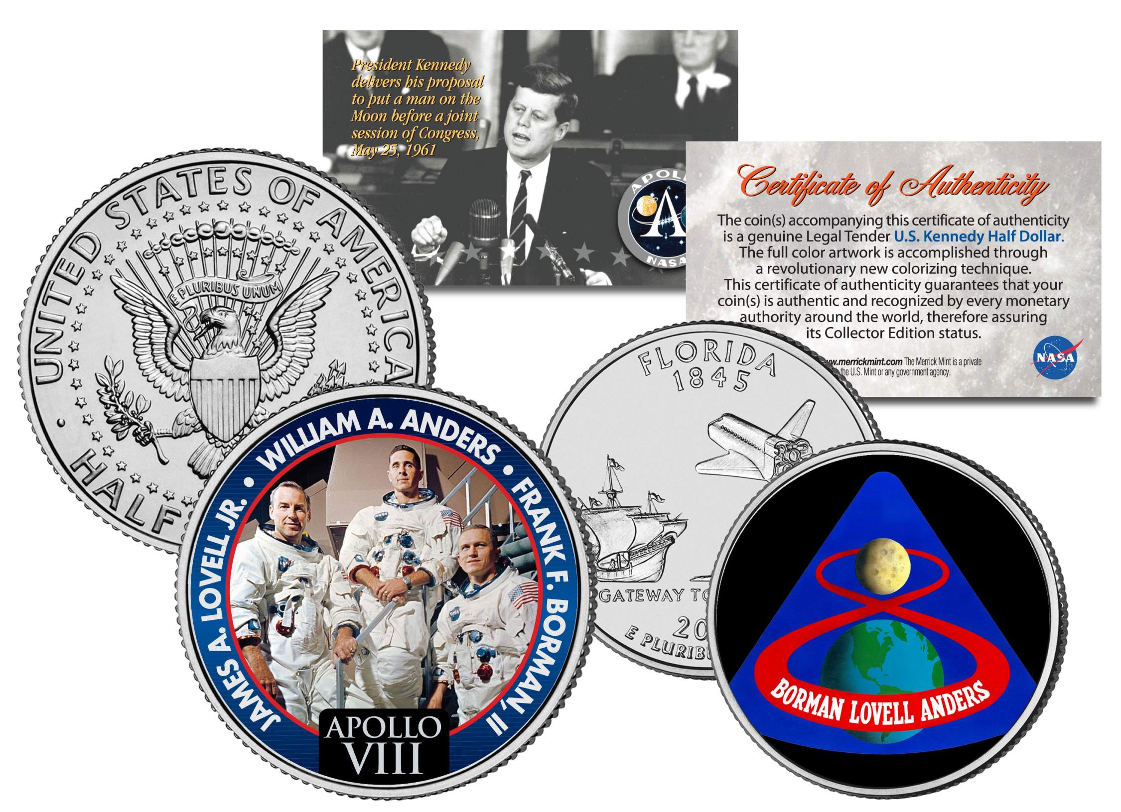 APOLLO 8 VIII SPACE MISSION Colorized 2-Coin Set U.S. Florida Quarter ...