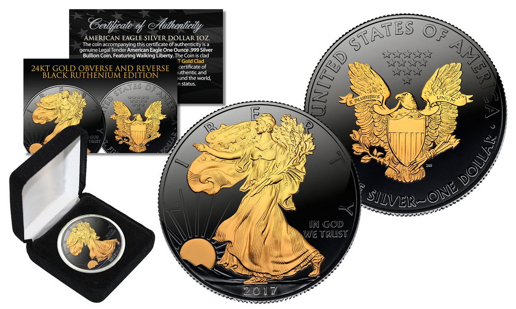 USA ECLIPSE OF THE SUN AMERICAN SILVER EAGLE WALKING LIBERTY 2015 Silver  Coin $1 Black Ruthenium & Rose Gold Plated 1 oz