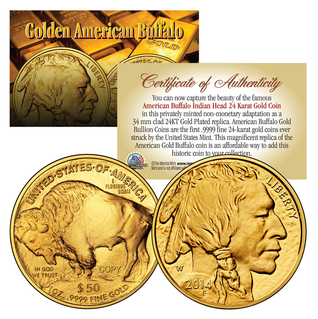 24K Gold Plated 2014 AMERICAN GOLD BUFFALO Indian Coin Merrick Mint