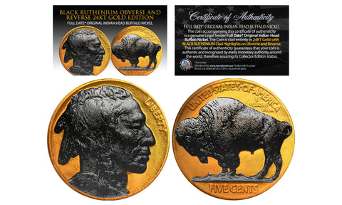 1930's BLACK RUTHENIUM Original Indian Head Buffalo Nickel *FULL DATES* 24KT Gold Clad Obverse & Reverse in Slabbed Graded Holder