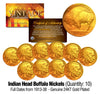 Lot of 10 Various Full Date BUFFALO NICKELS US Coins - 24K Gold Plated - Indian Head Nickels - Best Value!
