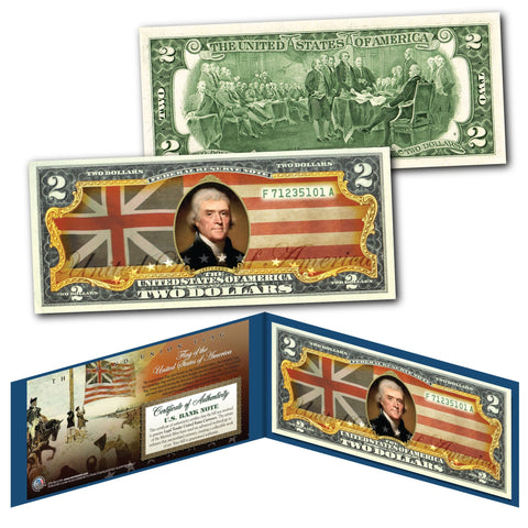 2-Sided Colorized Genuine Legal Tender U.S. $1 One-Dollar Bill - Declaration of Independence Reverse