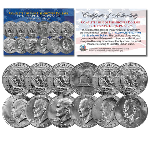 EISENHOWER IKE DOLLARS 24K Gold Clad 6-COIN SET Complete Set of all 6 Years 1971-1978 with COA