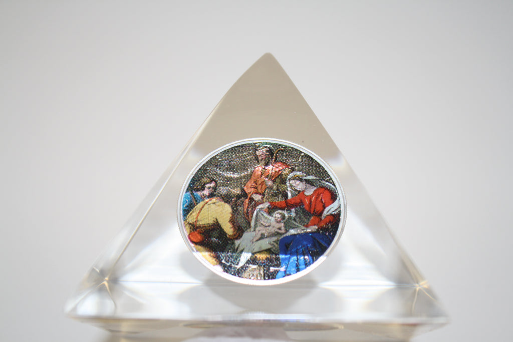 JESUS NATIVITY American Silver Eagle Colorized Coin Lucite Paperweight Pyramid