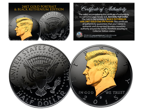1964 Silver Kennedy Half Dollar SET of 3 Rare Metal Versions (Black Ruthenium, Silver, 24K Gold)