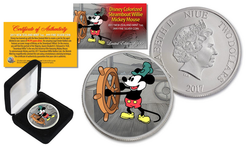 2017 New Zealand Mint Niue 1 oz Pure Silver Colorized Americana Mickey Steamboat Willie BU Coin