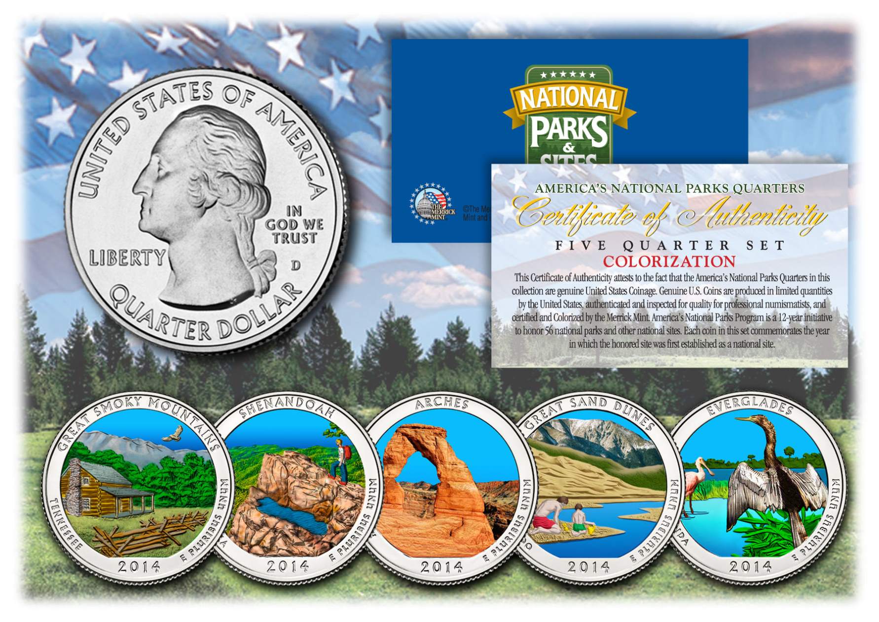 Color Quarters 2014 America The Beautiful COLORIZED Quarters U.S. Parks 5-Coin Set wi ...